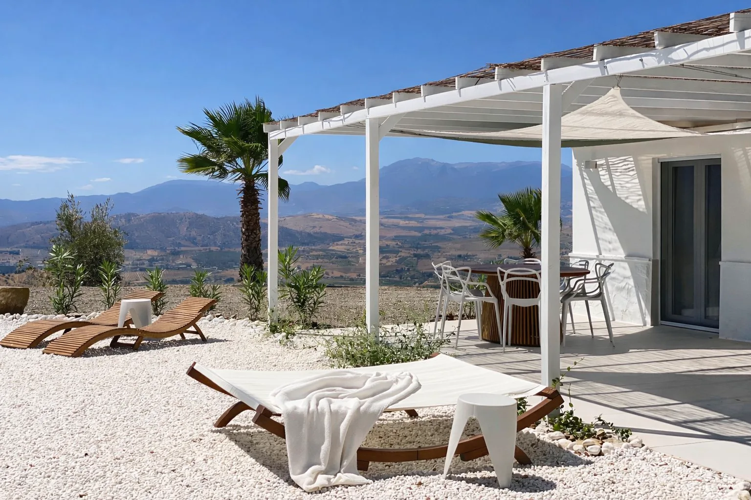 Back terrace at Casa Lux with mountain views